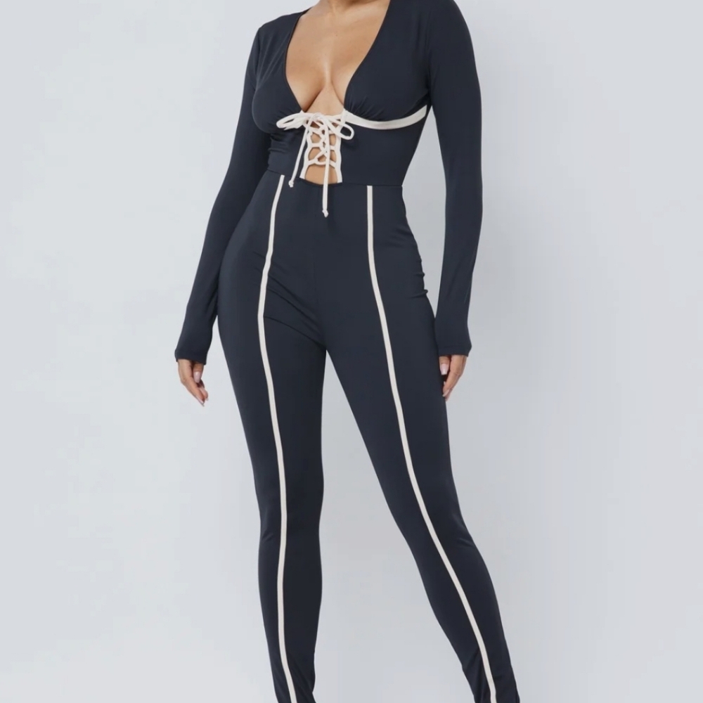 Black and White Lace-Up Jumpsuit